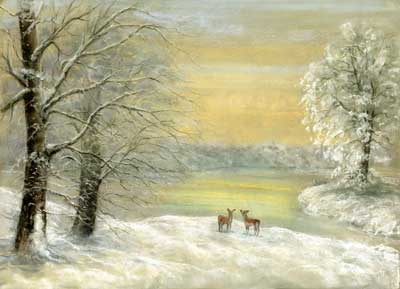Two Hinds In Snow Covered Landscape